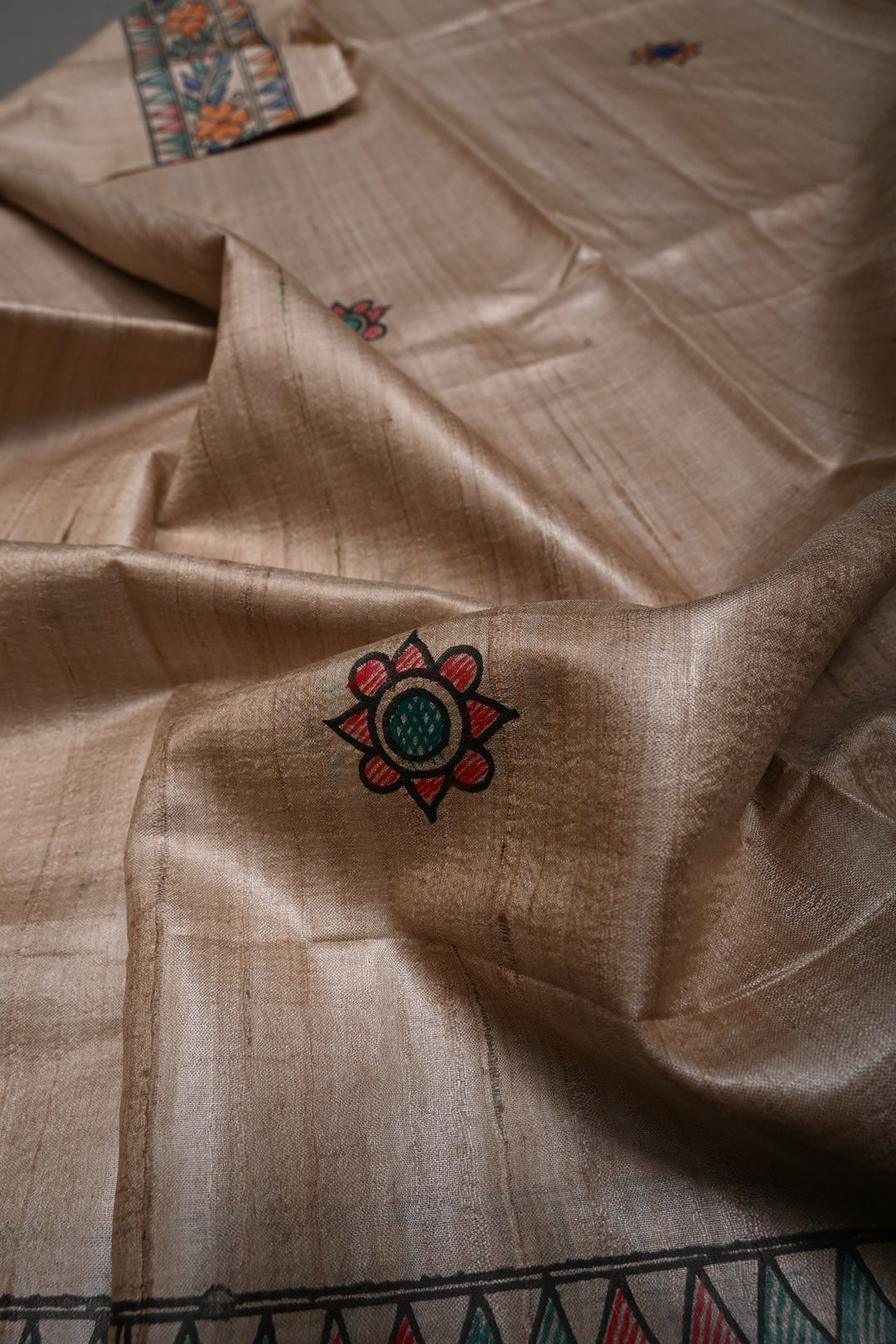 Beige Handloom Tussar Hand Painted Madhubani Silk Saree with Border | SILK MARK CERTIFIED | SHOBITAM