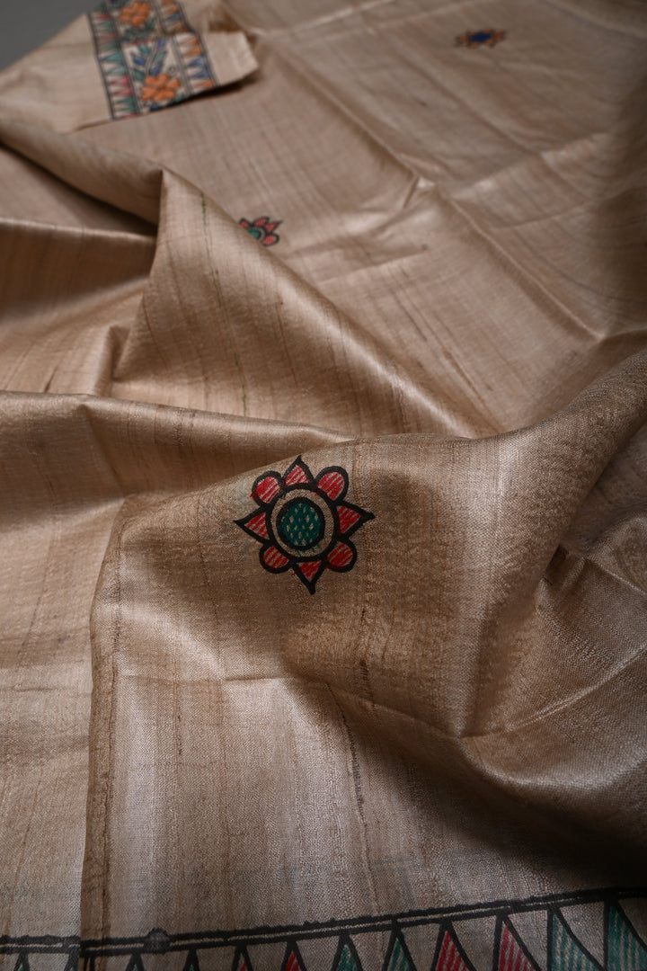 Beige Handloom Tussar Hand Painted Madhubani Silk Saree with Border | SILK MARK CERTIFIED | SHOBITAM