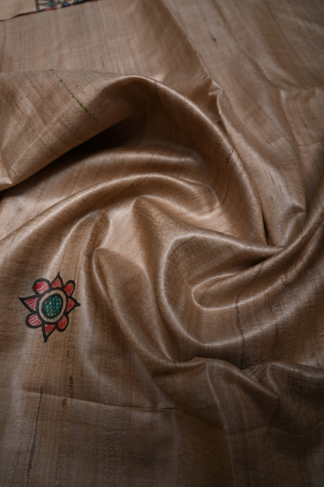 Beige Handloom Tussar Hand Painted Madhubani Silk Saree with Border | SILK MARK CERTIFIED | SHOBITAM