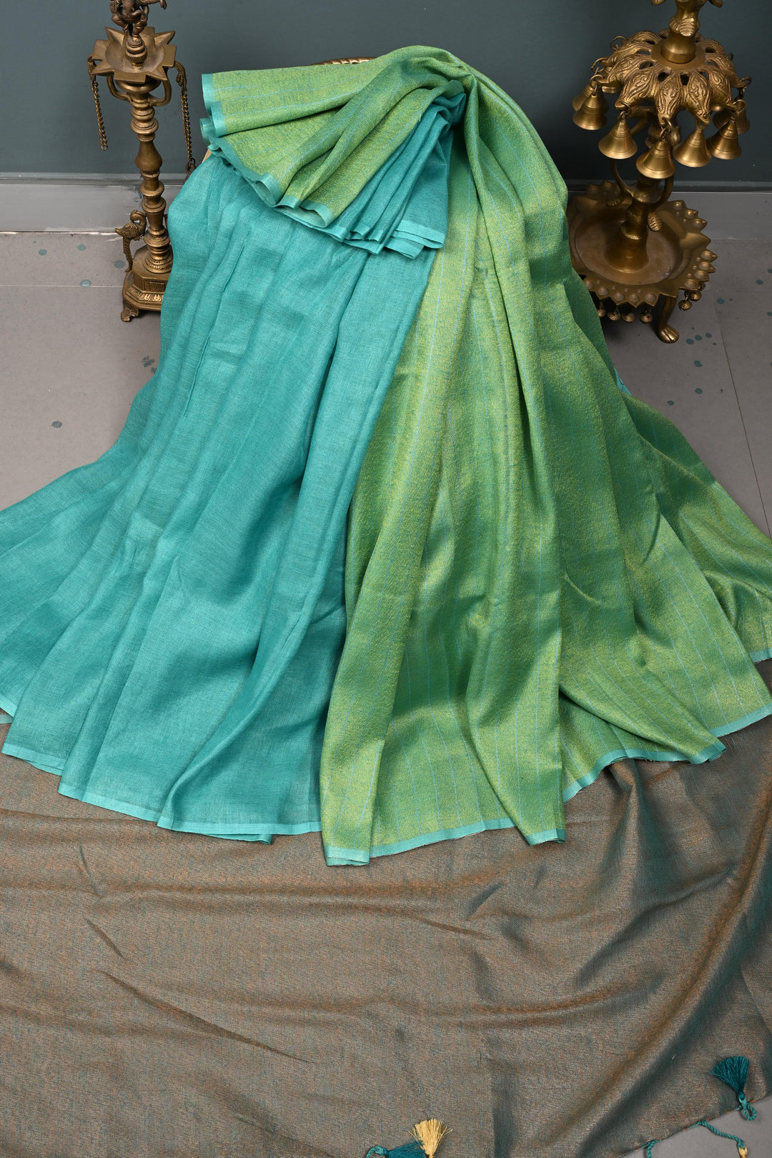 Lime Green Half and Half Tissue Linen Saree with Stripes Pattern  | SHOBITAM