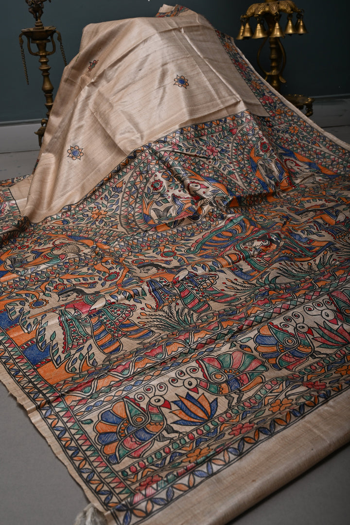 Beige Handloom Tussar Hand Painted Madhubani Silk Saree with Border | SILK MARK CERTIFIED | SHOBITAM