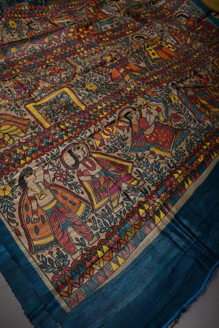 Peacock Blue Handloom Tussar Hand Painted Madhubani Silk Saree with Brocade and Border | SILK MARK CERTIFIED | SHOBITAM