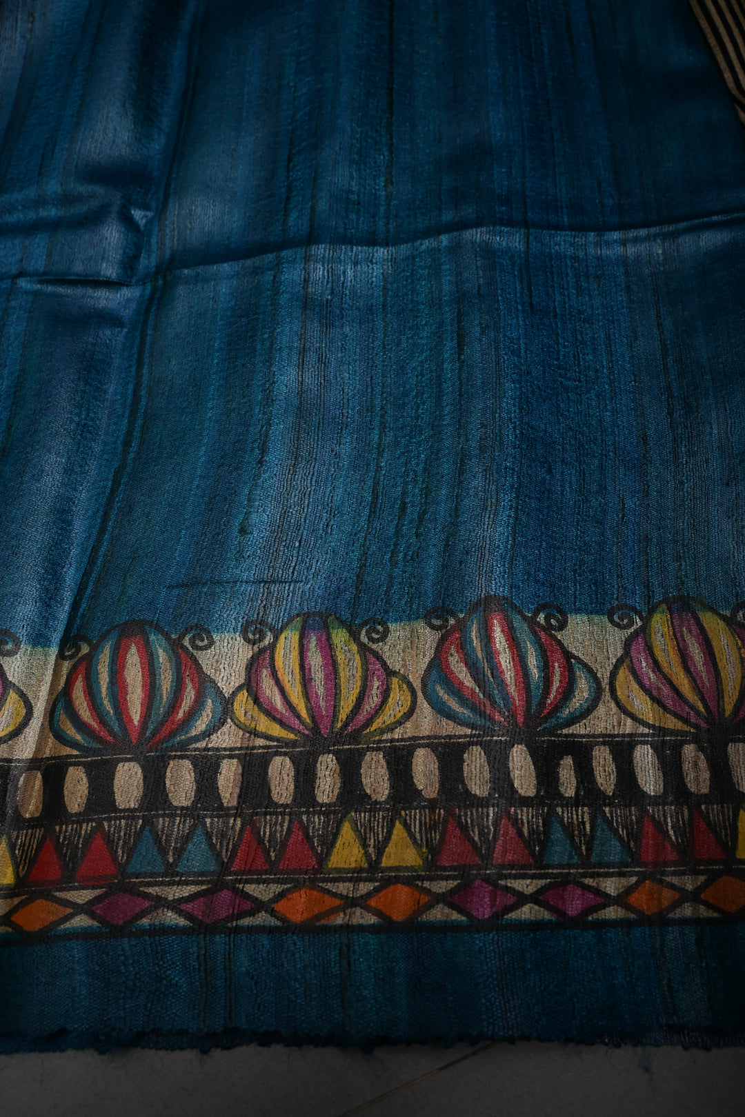 Peacock Blue Handloom Tussar Hand Painted Madhubani Silk Saree with Brocade and Border | SILK MARK CERTIFIED | SHOBITAM