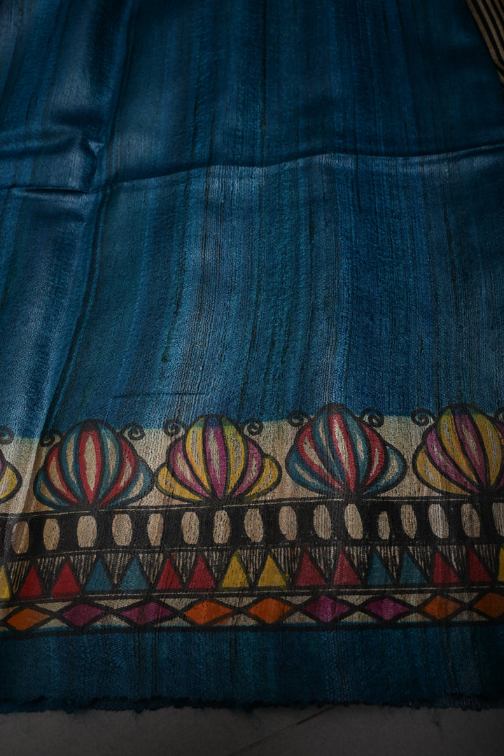 Peacock Blue Handloom Tussar Hand Painted Madhubani Silk Saree with Brocade and Border | SILK MARK CERTIFIED | SHOBITAM