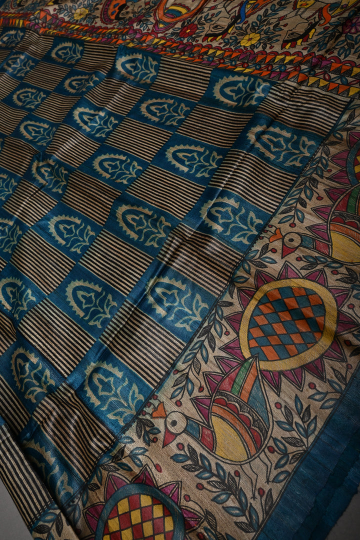 Peacock Blue Handloom Tussar Hand Painted Madhubani Silk Saree with Brocade and Border | SILK MARK CERTIFIED | SHOBITAM