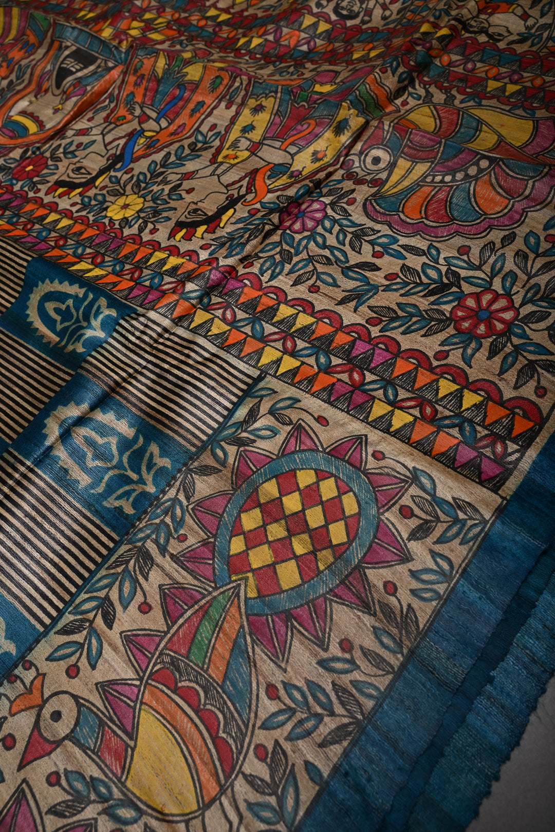 Peacock Blue Handloom Tussar Hand Painted Madhubani Silk Saree with Brocade and Border | SILK MARK CERTIFIED | SHOBITAM