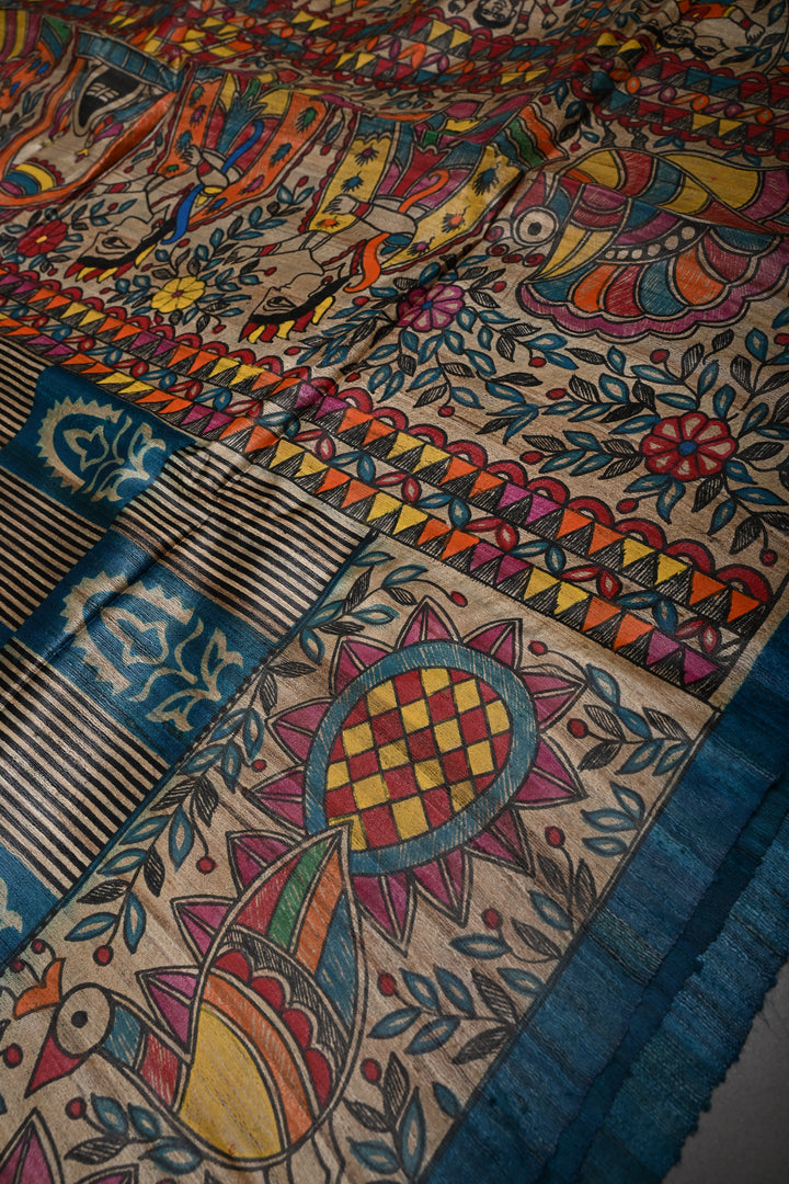 Peacock Blue Handloom Tussar Hand Painted Madhubani Silk Saree with Brocade and Border | SILK MARK CERTIFIED | SHOBITAM