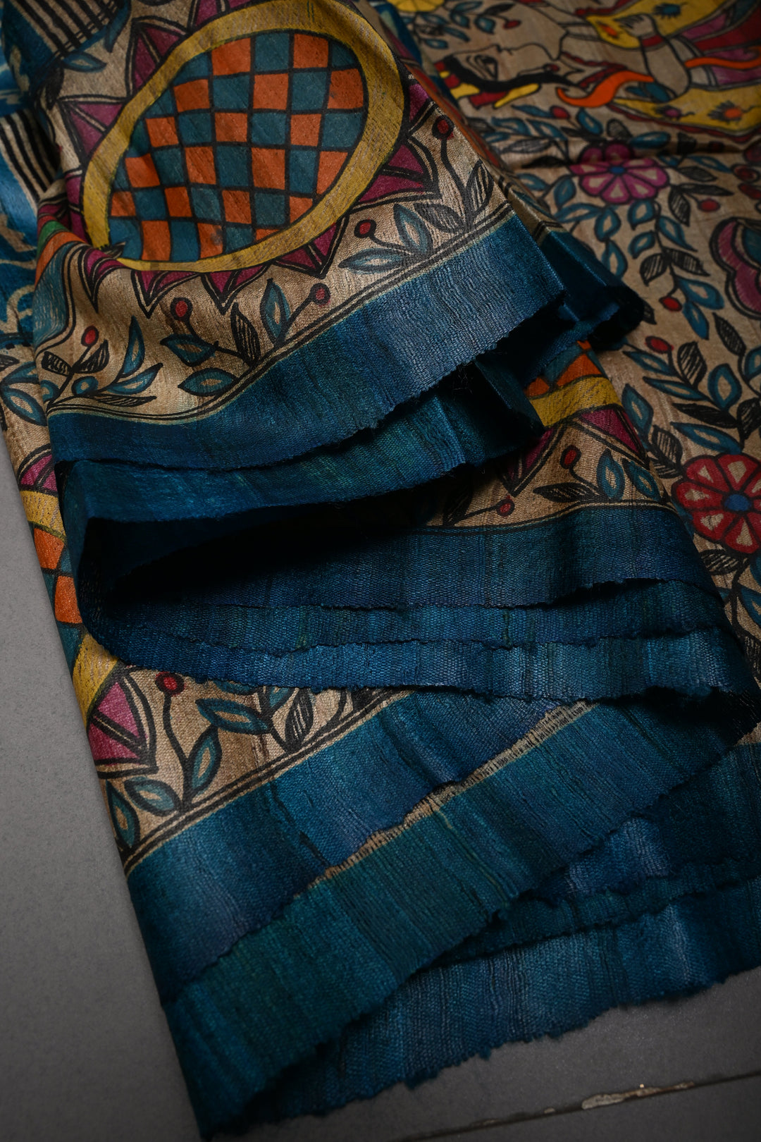 Peacock Blue Handloom Tussar Hand Painted Madhubani Silk Saree with Brocade and Border | SILK MARK CERTIFIED | SHOBITAM