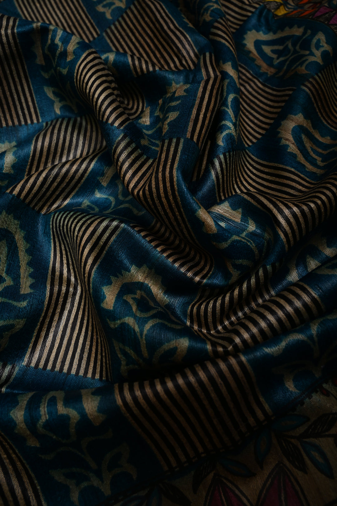 Peacock Blue Handloom Tussar Hand Painted Madhubani Silk Saree with Brocade and Border | SILK MARK CERTIFIED | SHOBITAM