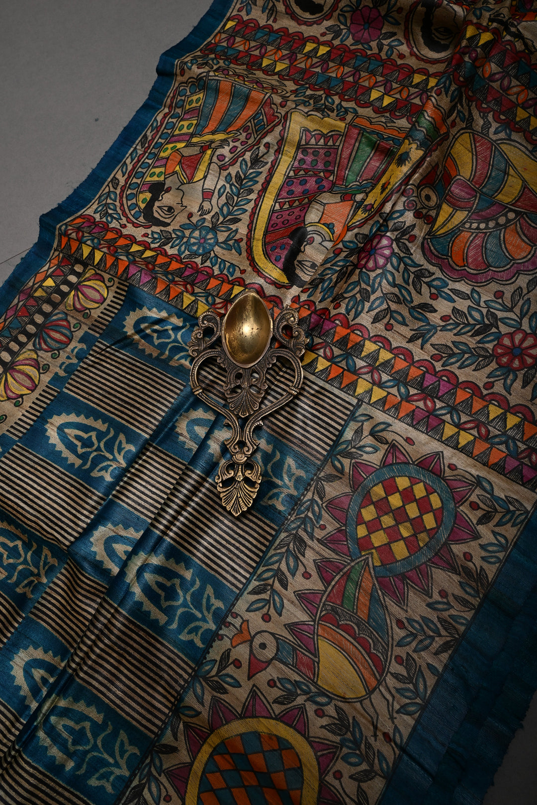 Peacock Blue Handloom Tussar Hand Painted Madhubani Silk Saree with Brocade and Border | SILK MARK CERTIFIED | SHOBITAM