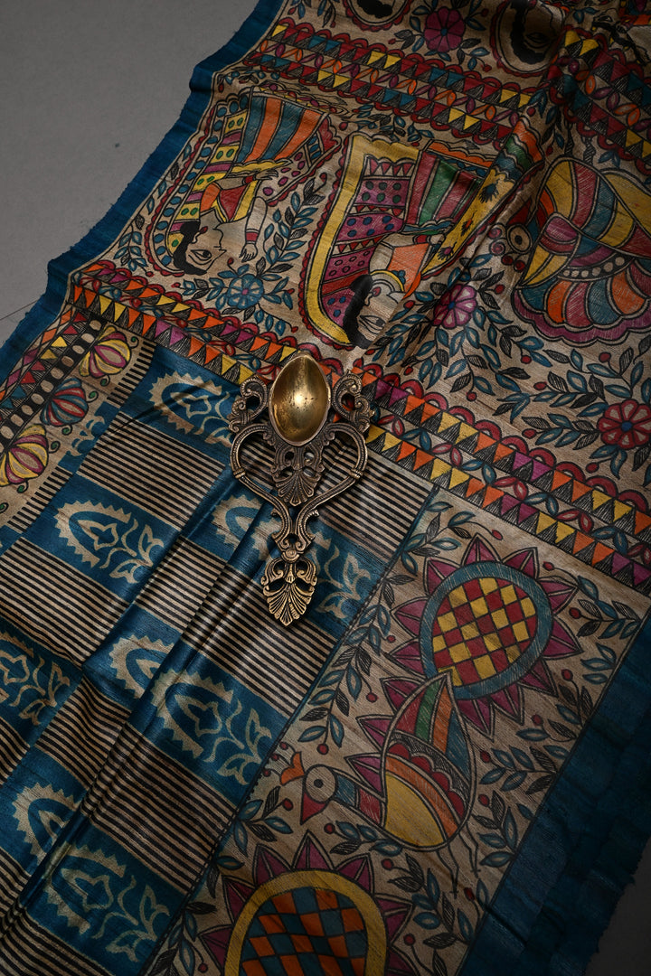 Peacock Blue Handloom Tussar Hand Painted Madhubani Silk Saree with Brocade and Border | SILK MARK CERTIFIED | SHOBITAM