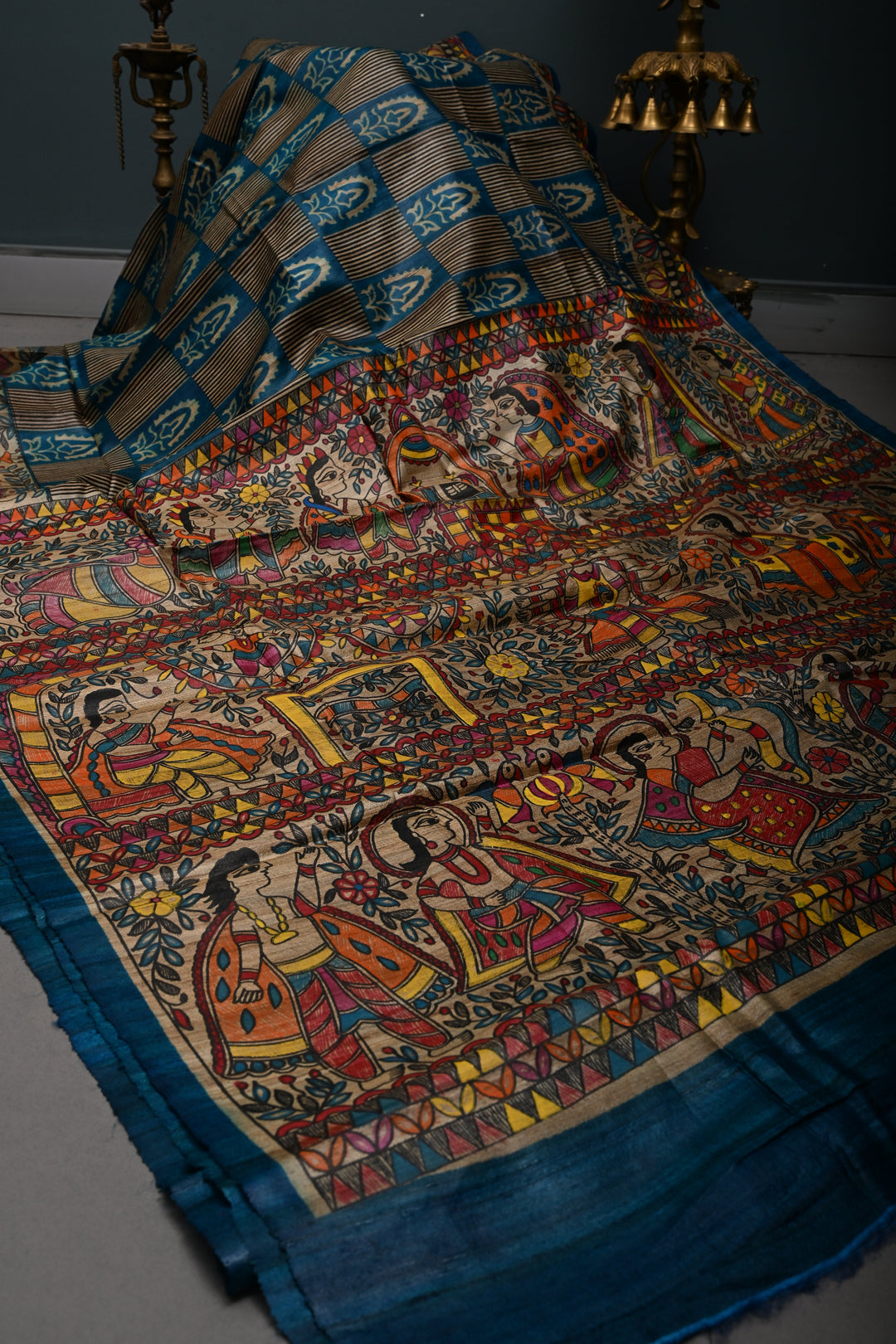 Peacock Blue Handloom Tussar Hand Painted Madhubani Silk Saree with Brocade and Border | SILK MARK CERTIFIED | SHOBITAM