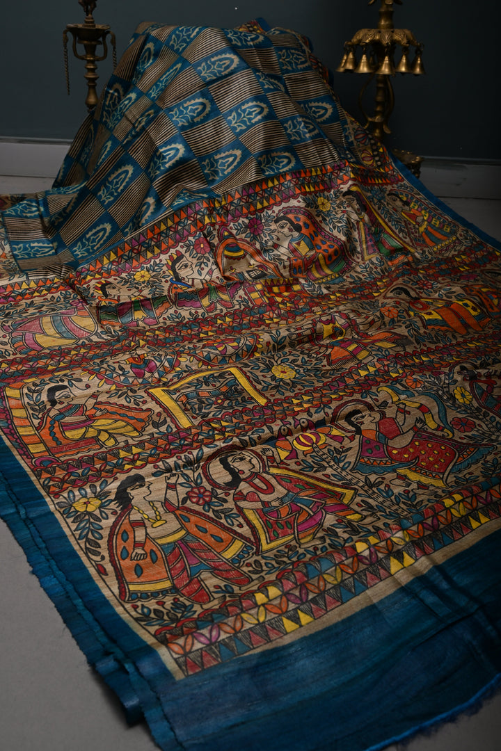 Peacock Blue Handloom Tussar Hand Painted Madhubani Silk Saree with Brocade and Border | SILK MARK CERTIFIED | SHOBITAM