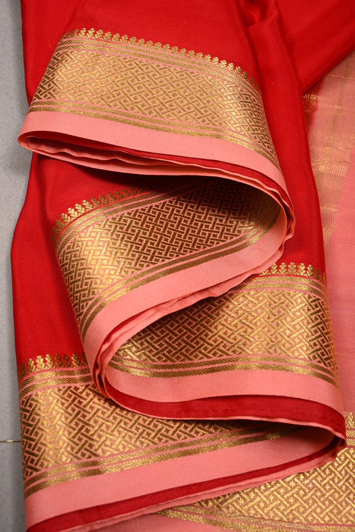 Blood Red Mysore Silk Saree with Contrast Zari Border  | SILK MARK CERTIFIED | SHOBITAM