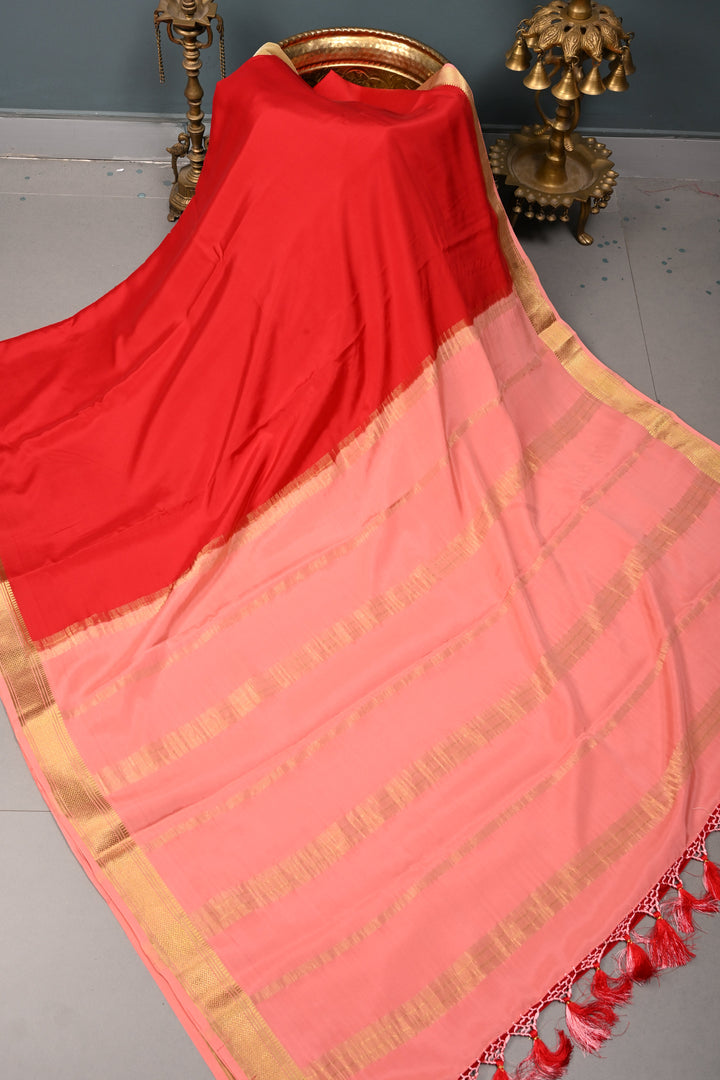 Blood Red Mysore Silk Saree with Contrast Zari Border  | SILK MARK CERTIFIED | SHOBITAM