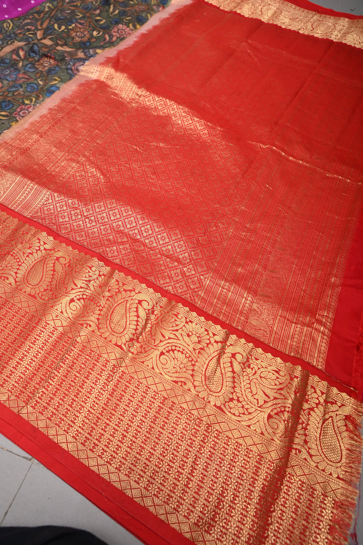 Magenta Bandhni Design on Pure Kanjivaram Silk Jugalbandi Saree with Pen Kalamkari Panel and Contrast Zari Border | SILK MARK CERTIFIED | SHOBITAM