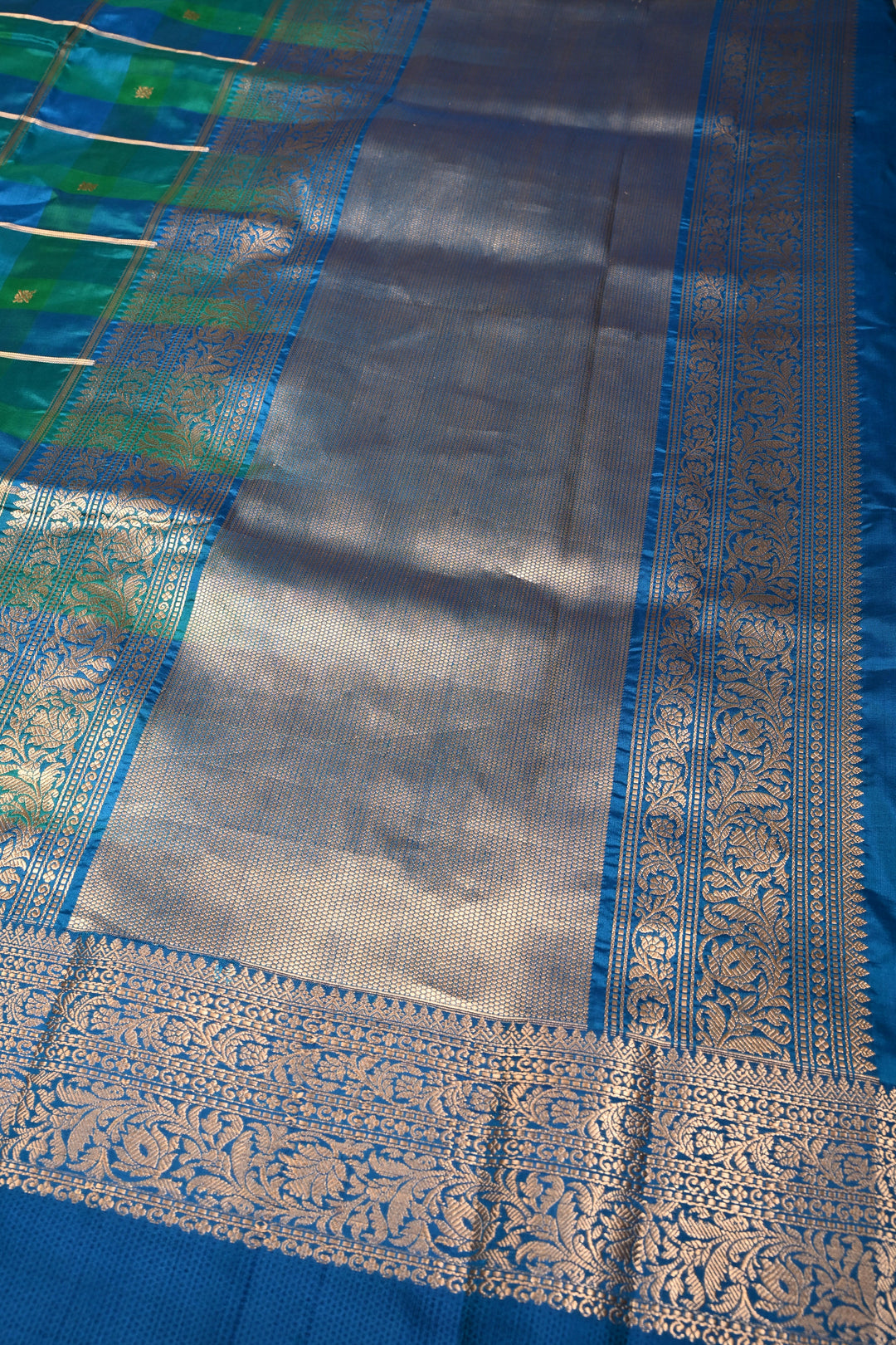 Shades of Green-Blue Banarasi Katan Silk Saree with Checks and Kanjivaram Style Borders | SILK MARK CERTIFIED | SHOBITAM