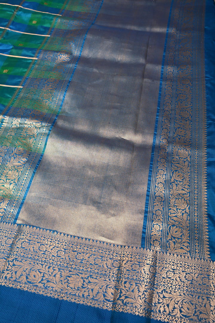 Shades of Green-Blue Banarasi Katan Silk Saree with Checks and Kanjivaram Style Borders | SILK MARK CERTIFIED | SHOBITAM