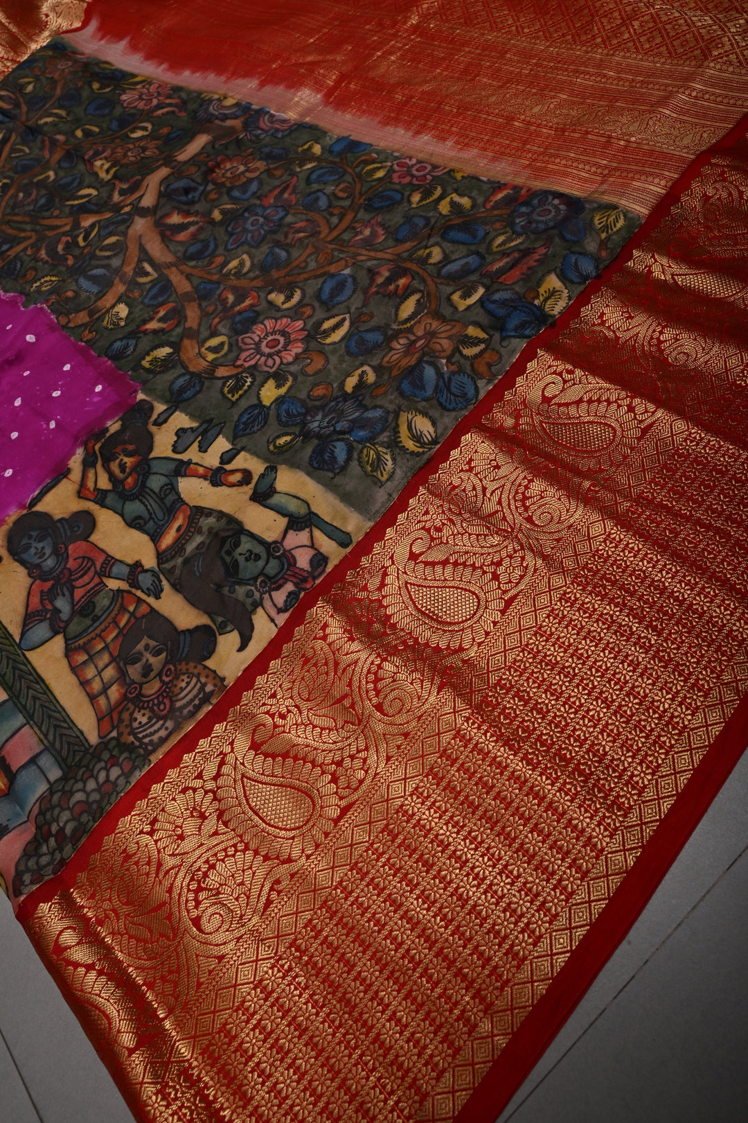 Magenta Bandhni Design on Pure Kanjivaram Silk Jugalbandi Saree with Pen Kalamkari Panel and Contrast Zari Border | SILK MARK CERTIFIED | SHOBITAM