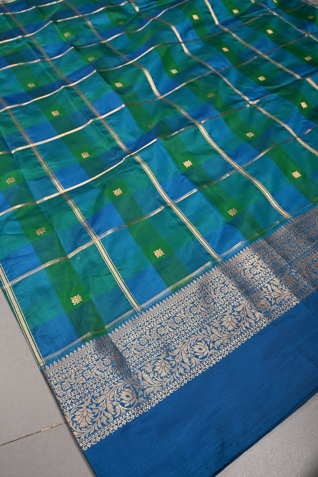 Shades of Green-Blue Banarasi Katan Silk Saree with Checks and Kanjivaram Style Borders | SILK MARK CERTIFIED | SHOBITAM