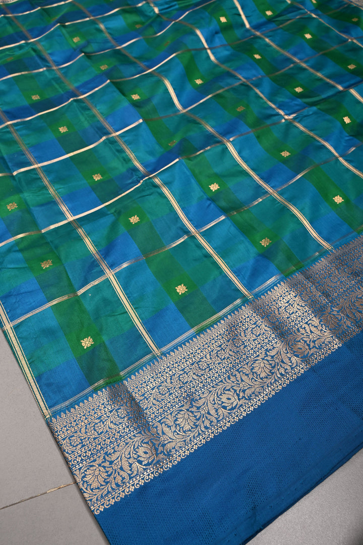 Shades of Green-Blue Banarasi Katan Silk Saree with Checks and Kanjivaram Style Borders | SILK MARK CERTIFIED | SHOBITAM