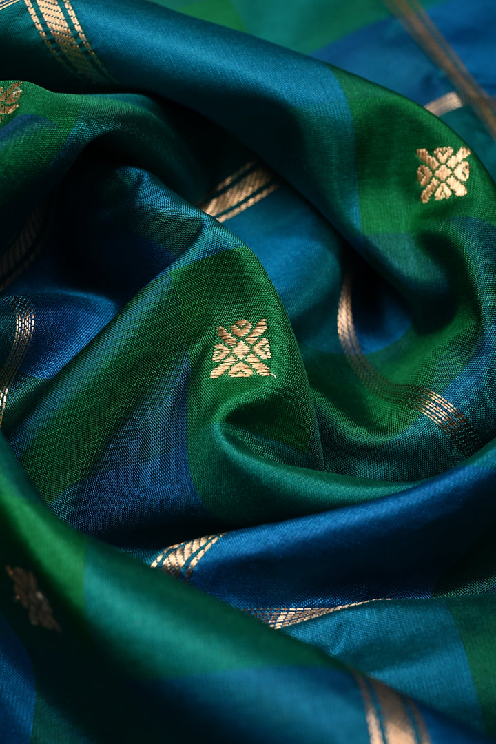 Shades of Green-Blue Banarasi Katan Silk Saree with Checks and Kanjivaram Style Borders | SILK MARK CERTIFIED | SHOBITAM