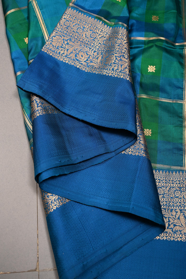 Shades of Green-Blue Banarasi Katan Silk Saree with Checks and Kanjivaram Style Borders | SILK MARK CERTIFIED | SHOBITAM