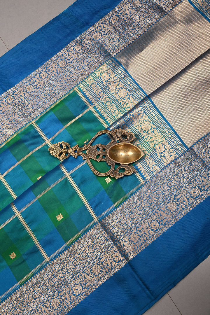 Shades of Green-Blue Banarasi Katan Silk Saree with Checks and Kanjivaram Style Borders | SILK MARK CERTIFIED | SHOBITAM