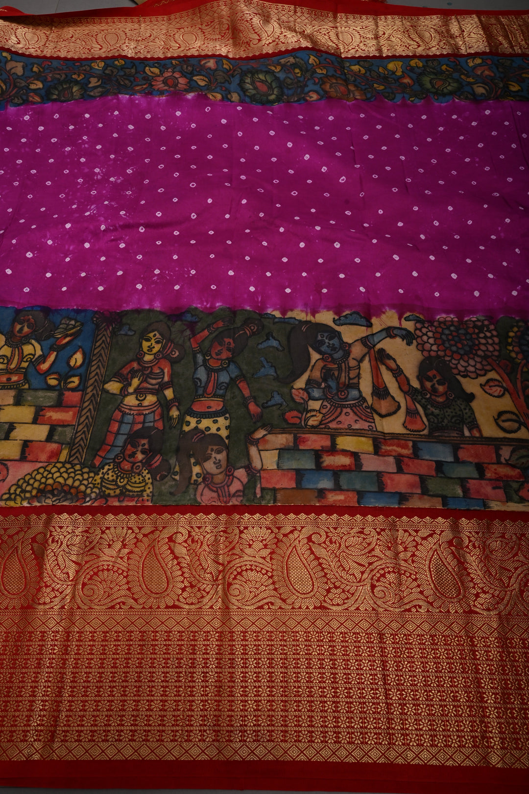 Magenta Bandhni Design on Pure Kanjivaram Silk Jugalbandi Saree with Pen Kalamkari Panel and Contrast Zari Border | SILK MARK CERTIFIED | SHOBITAM