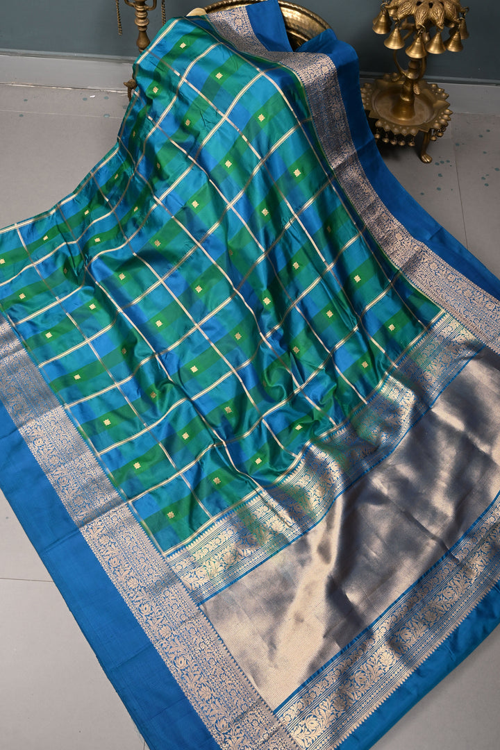 Shades of Green-Blue Banarasi Katan Silk Saree with Checks and Kanjivaram Style Borders | SILK MARK CERTIFIED | SHOBITAM