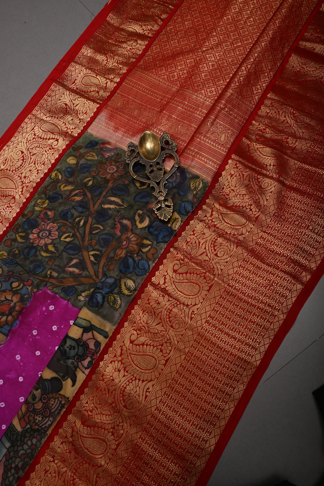Magenta Bandhni Design on Pure Kanjivaram Silk Jugalbandi Saree with Pen Kalamkari Panel and Contrast Zari Border | SILK MARK CERTIFIED | SHOBITAM