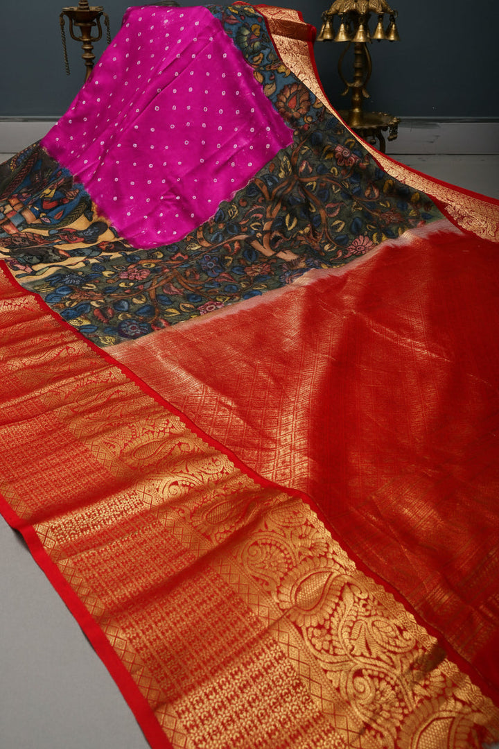 Magenta Bandhni Design on Pure Kanjivaram Silk Jugalbandi Saree with Pen Kalamkari Panel and Contrast Zari Border | SILK MARK CERTIFIED | SHOBITAM