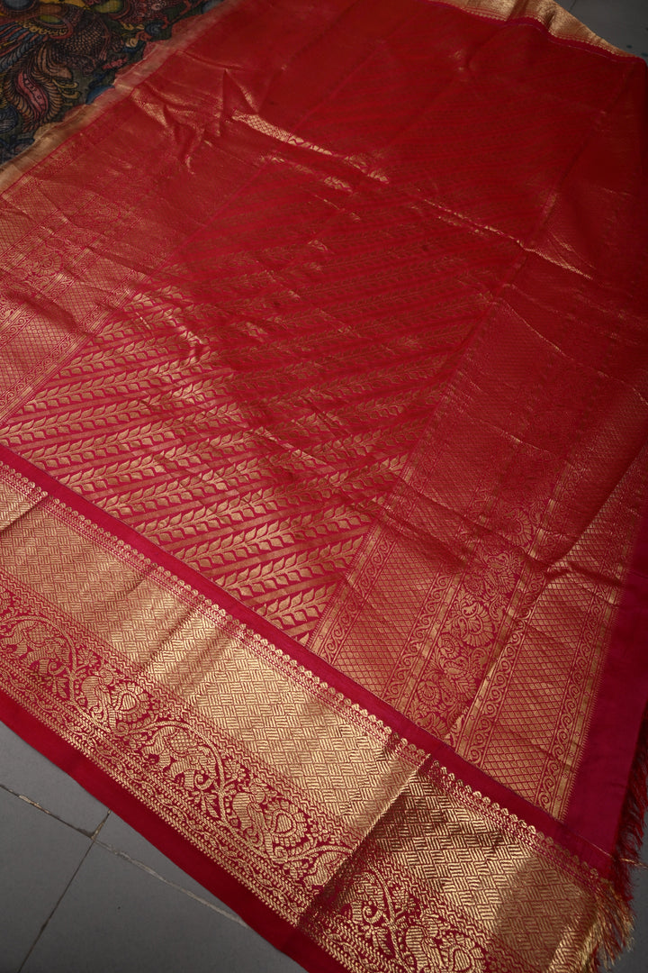 Mandarin Orange Bandhni Design on Pure Kanjivaram Silk Jugalbandi Saree with Pen Kalamkari Panel and Contrast Zari Border | SILK MARK CERTIFIED | SHOBITAM