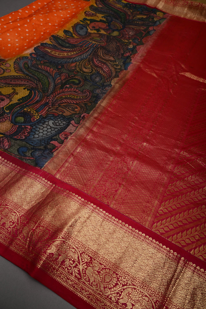 Mandarin Orange Bandhni Design on Pure Kanjivaram Silk Jugalbandi Saree with Pen Kalamkari Panel and Contrast Zari Border | SILK MARK CERTIFIED | SHOBITAM