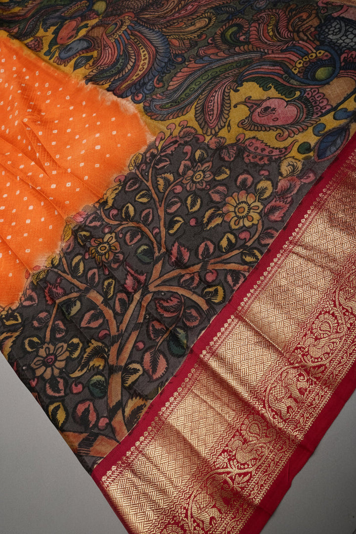 Mandarin Orange Bandhni Design on Pure Kanjivaram Silk Jugalbandi Saree with Pen Kalamkari Panel and Contrast Zari Border | SILK MARK CERTIFIED | SHOBITAM
