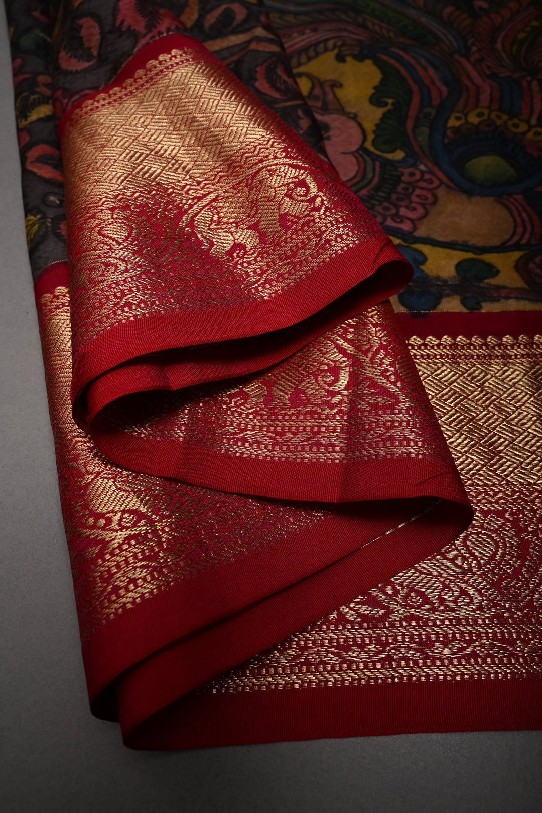 Mandarin Orange Bandhni Design on Pure Kanjivaram Silk Jugalbandi Saree with Pen Kalamkari Panel and Contrast Zari Border | SILK MARK CERTIFIED | SHOBITAM