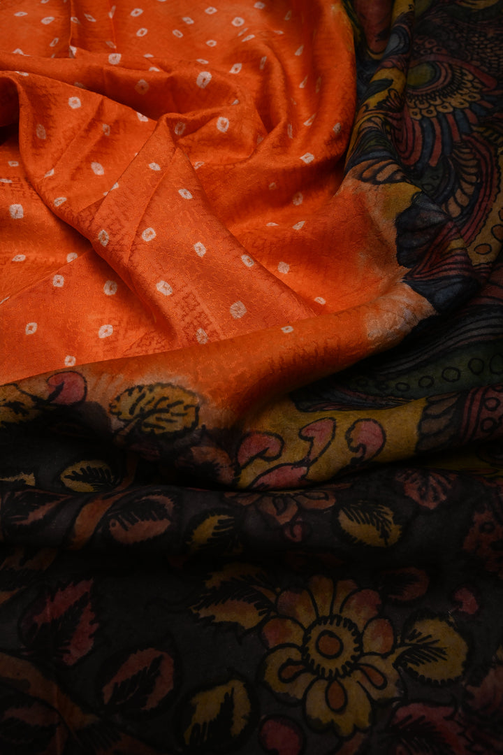 Mandarin Orange Bandhni Design on Pure Kanjivaram Silk Jugalbandi Saree with Pen Kalamkari Panel and Contrast Zari Border | SILK MARK CERTIFIED | SHOBITAM