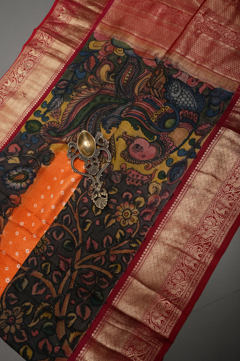 Mandarin Orange Bandhni Design on Pure Kanjivaram Silk Jugalbandi Saree with Pen Kalamkari Panel and Contrast Zari Border | SILK MARK CERTIFIED | SHOBITAM