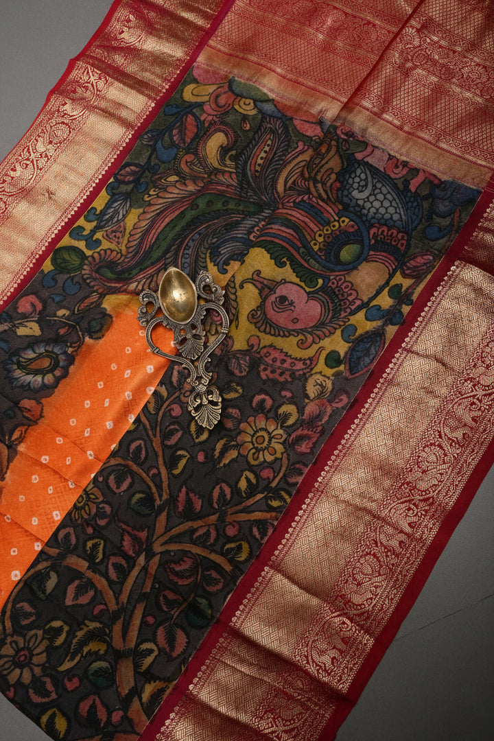 Mandarin Orange Bandhni Design on Pure Kanjivaram Silk Jugalbandi Saree with Pen Kalamkari Panel and Contrast Zari Border | SILK MARK CERTIFIED | SHOBITAM