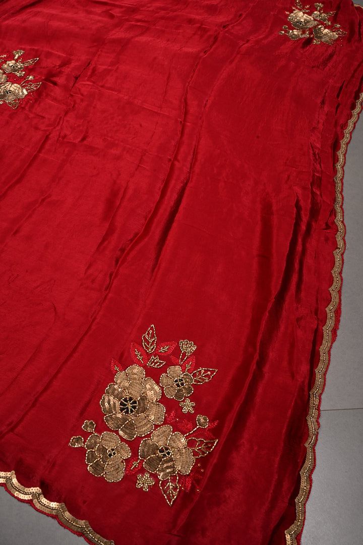 Red Satin Georgette Saree with Antique Matte Finish Cutdana, Sequins and Moti Embellishment and Scallop Border | SHOBITAM