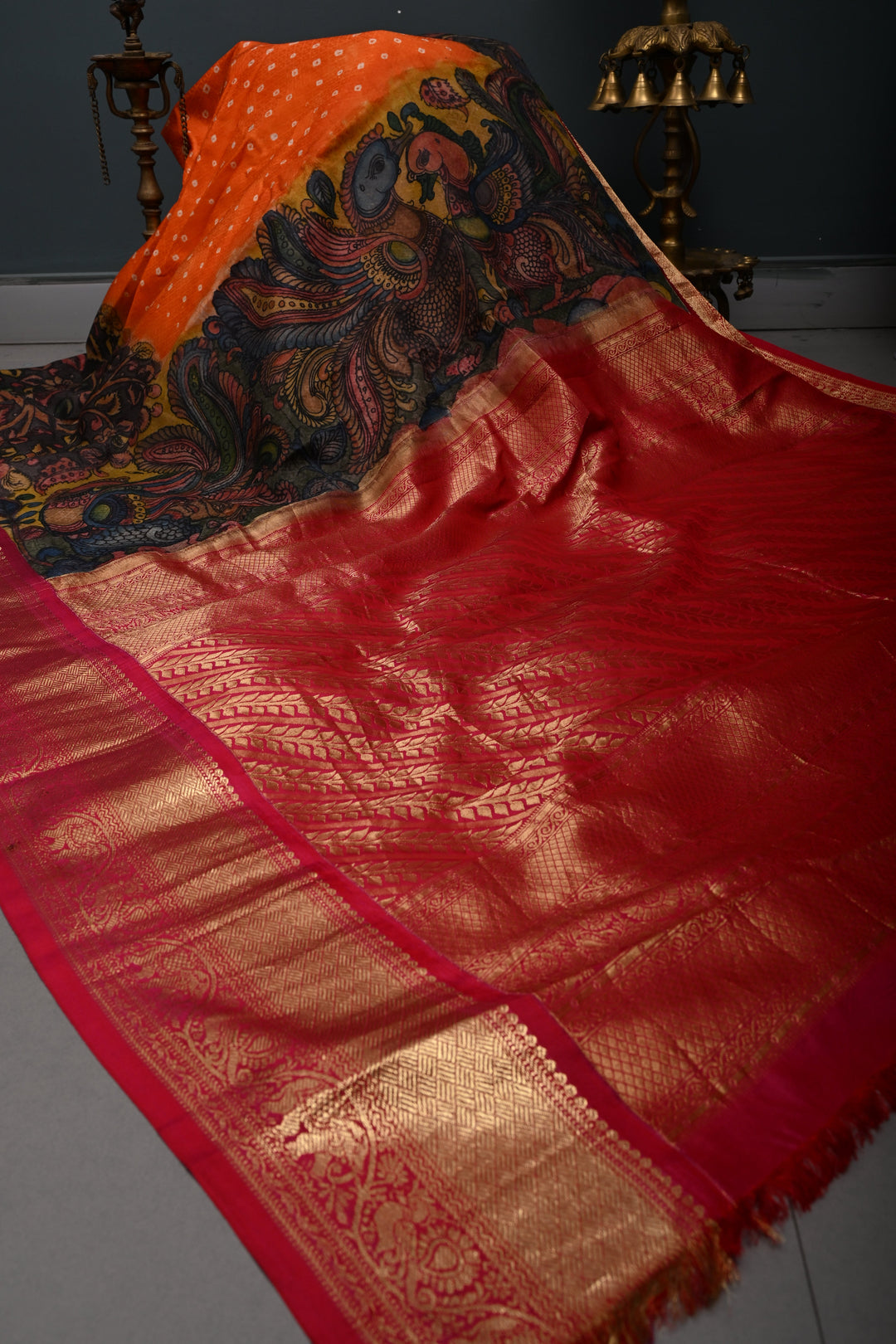 Mandarin Orange Bandhni Design on Pure Kanjivaram Silk Jugalbandi Saree with Pen Kalamkari Panel and Contrast Zari Border | SILK MARK CERTIFIED | SHOBITAM