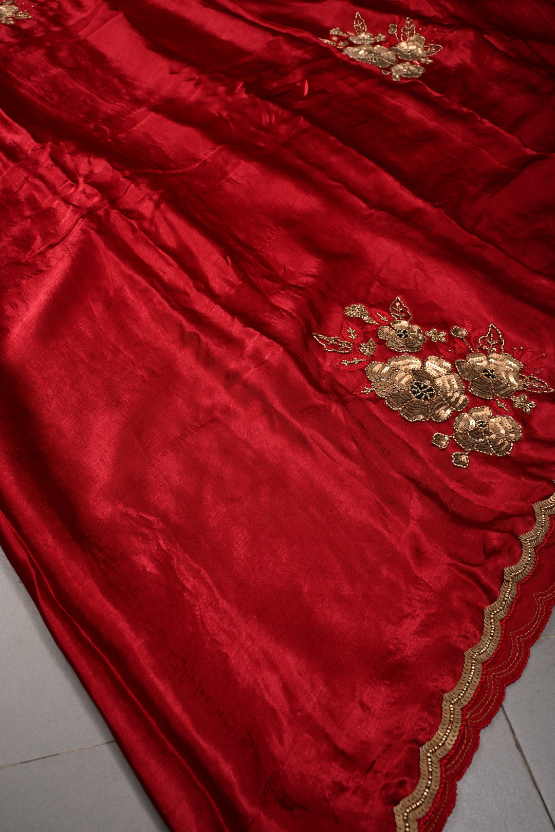 Red Satin Georgette Saree with Antique Matte Finish Cutdana, Sequins and Moti Embellishment and Scallop Border | SHOBITAM