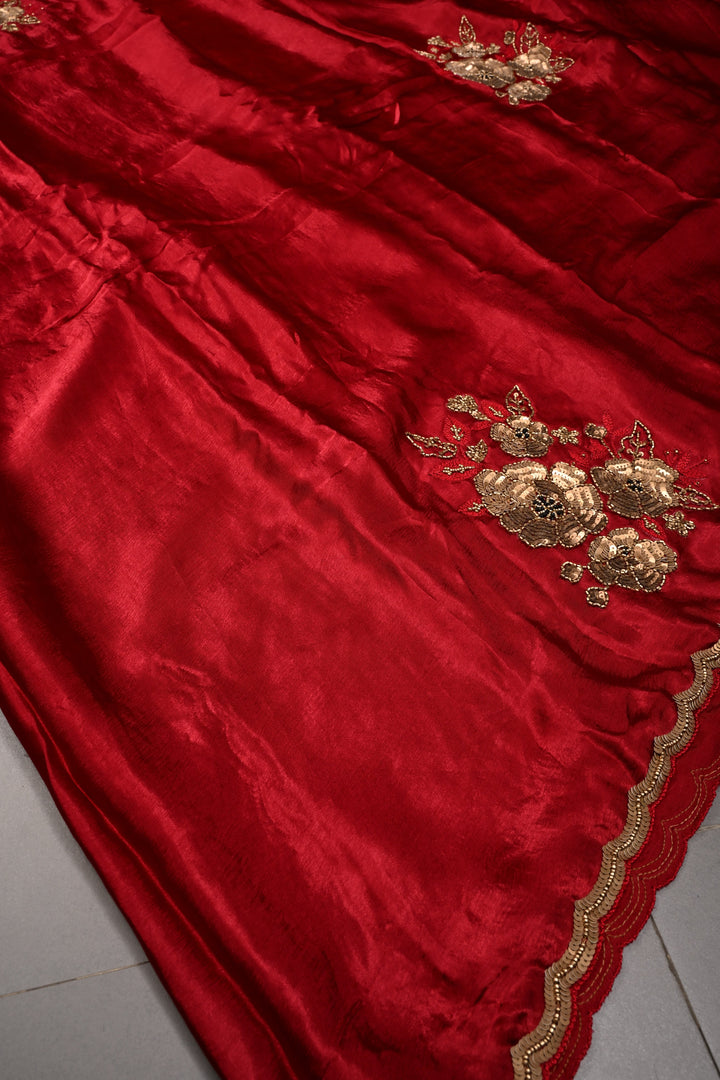 Red Satin Georgette Saree with Antique Matte Finish Cutdana, Sequins and Moti Embellishment and Scallop Border | SHOBITAM
