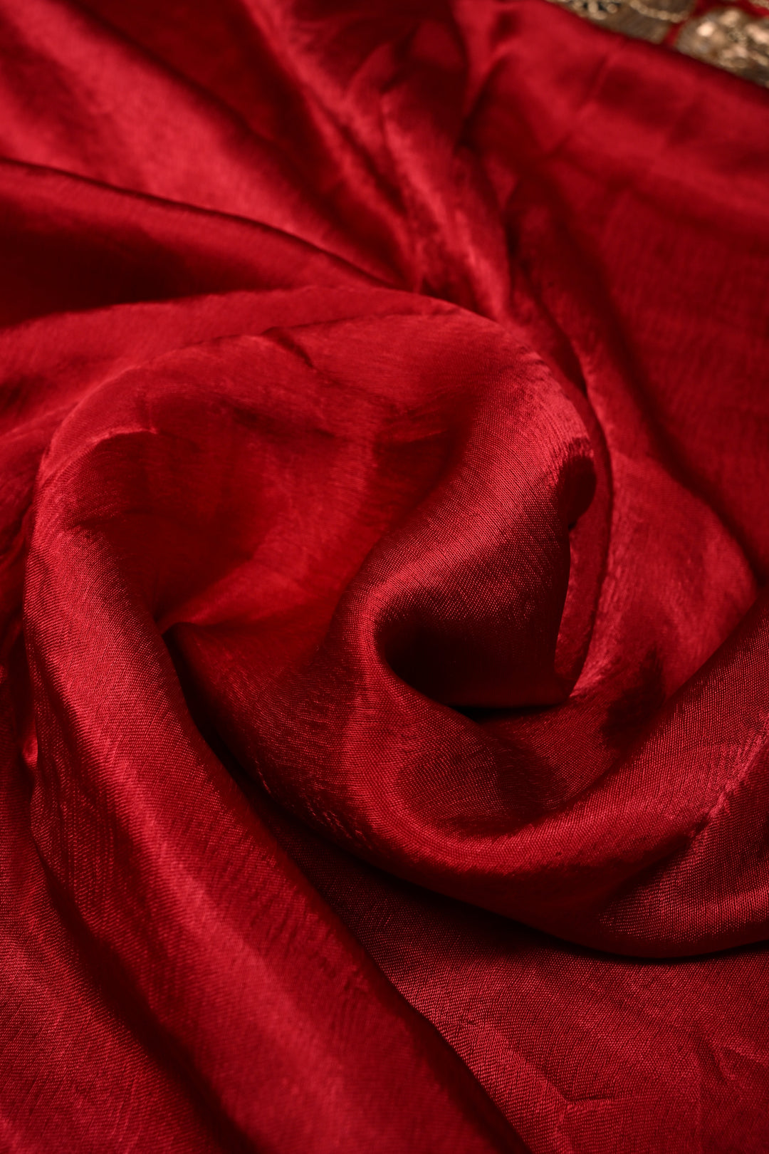Red Satin Georgette Saree with Antique Matte Finish Cutdana, Sequins and Moti Embellishment and Scallop Border | SHOBITAM
