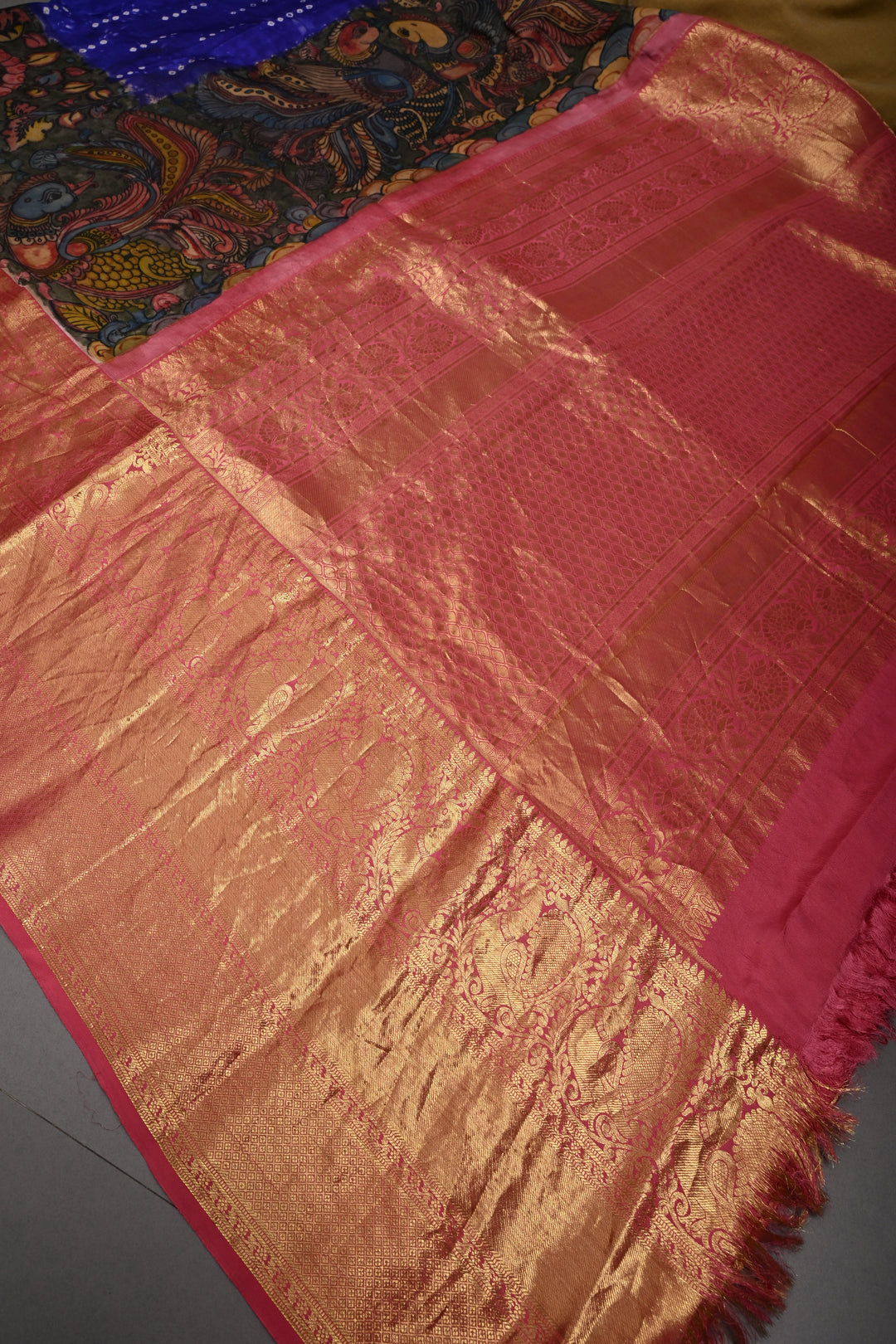 Purple Bandhni Design on Pure Kanjivaram Silk Jugalbandi Saree with Pen Kalamkari Panel and Contrast Wide Kanchi Zari Border | SILK MARK CERTIFIED | SHOBITAM