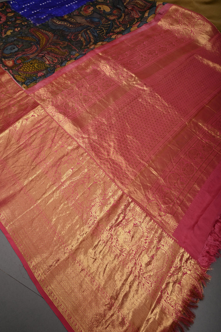 Purple Bandhni Design on Pure Kanjivaram Silk Jugalbandi Saree with Pen Kalamkari Panel and Contrast Wide Kanchi Zari Border | SILK MARK CERTIFIED | SHOBITAM