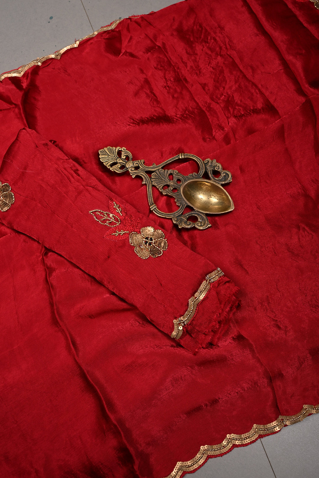 Red Satin Georgette Saree with Antique Matte Finish Cutdana, Sequins and Moti Embellishment and Scallop Border | SHOBITAM
