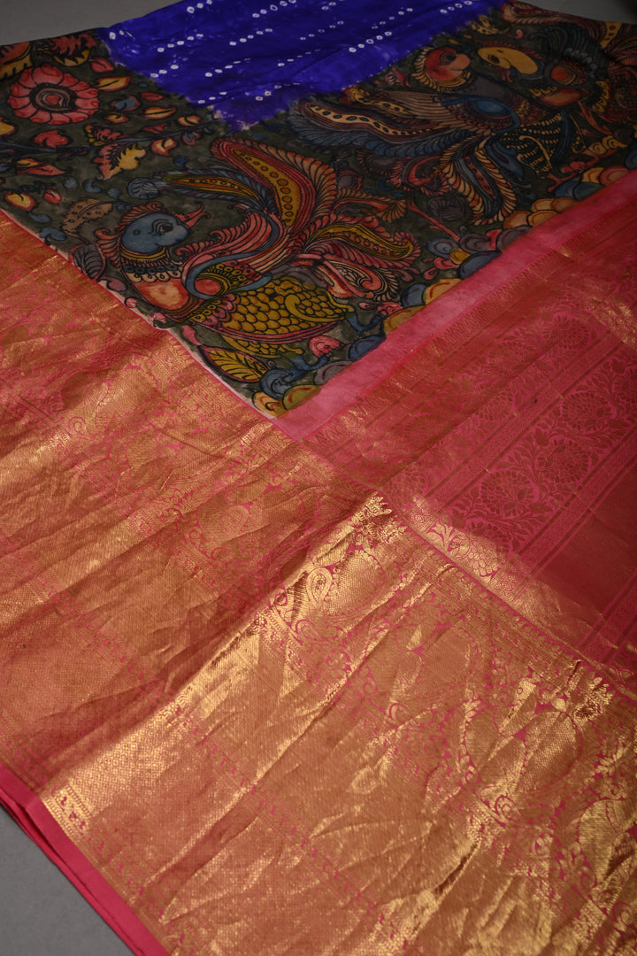 Purple Bandhni Design on Pure Kanjivaram Silk Jugalbandi Saree with Pen Kalamkari Panel and Contrast Wide Kanchi Zari Border | SILK MARK CERTIFIED | SHOBITAM