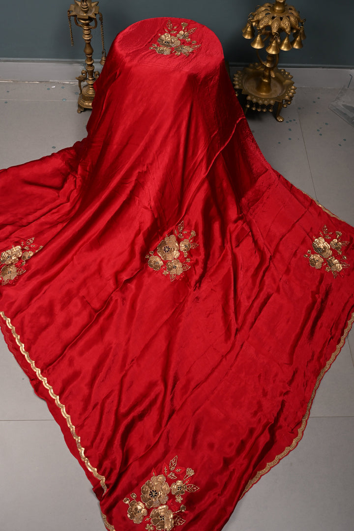 Red Satin Georgette Saree with Antique Matte Finish Cutdana, Sequins and Moti Embellishment and Scallop Border | SHOBITAM