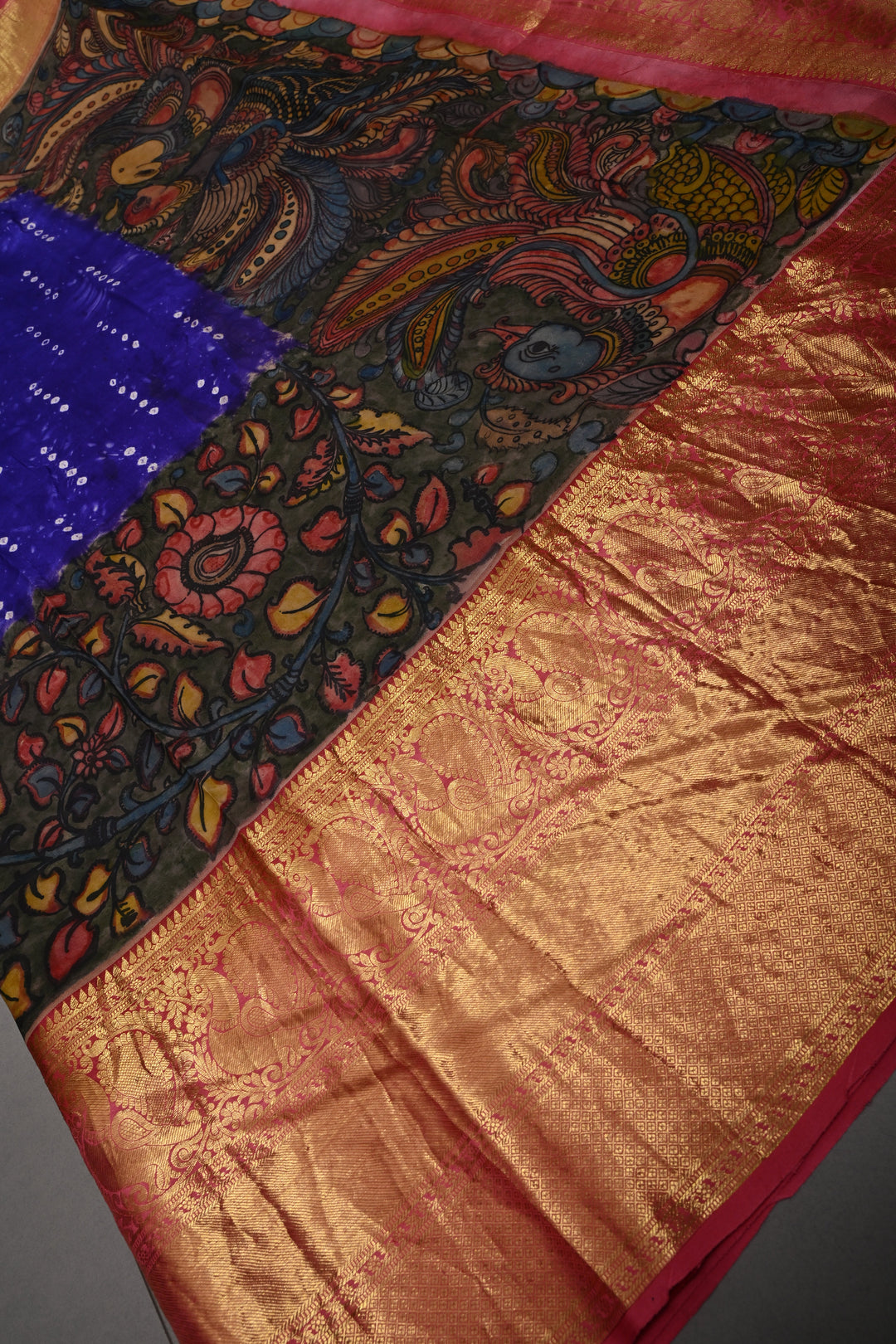 Purple Bandhni Design on Pure Kanjivaram Silk Jugalbandi Saree with Pen Kalamkari Panel and Contrast Wide Kanchi Zari Border | SILK MARK CERTIFIED | SHOBITAM